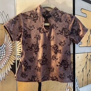Vintage Brown Velvet Dragon Print Blouse